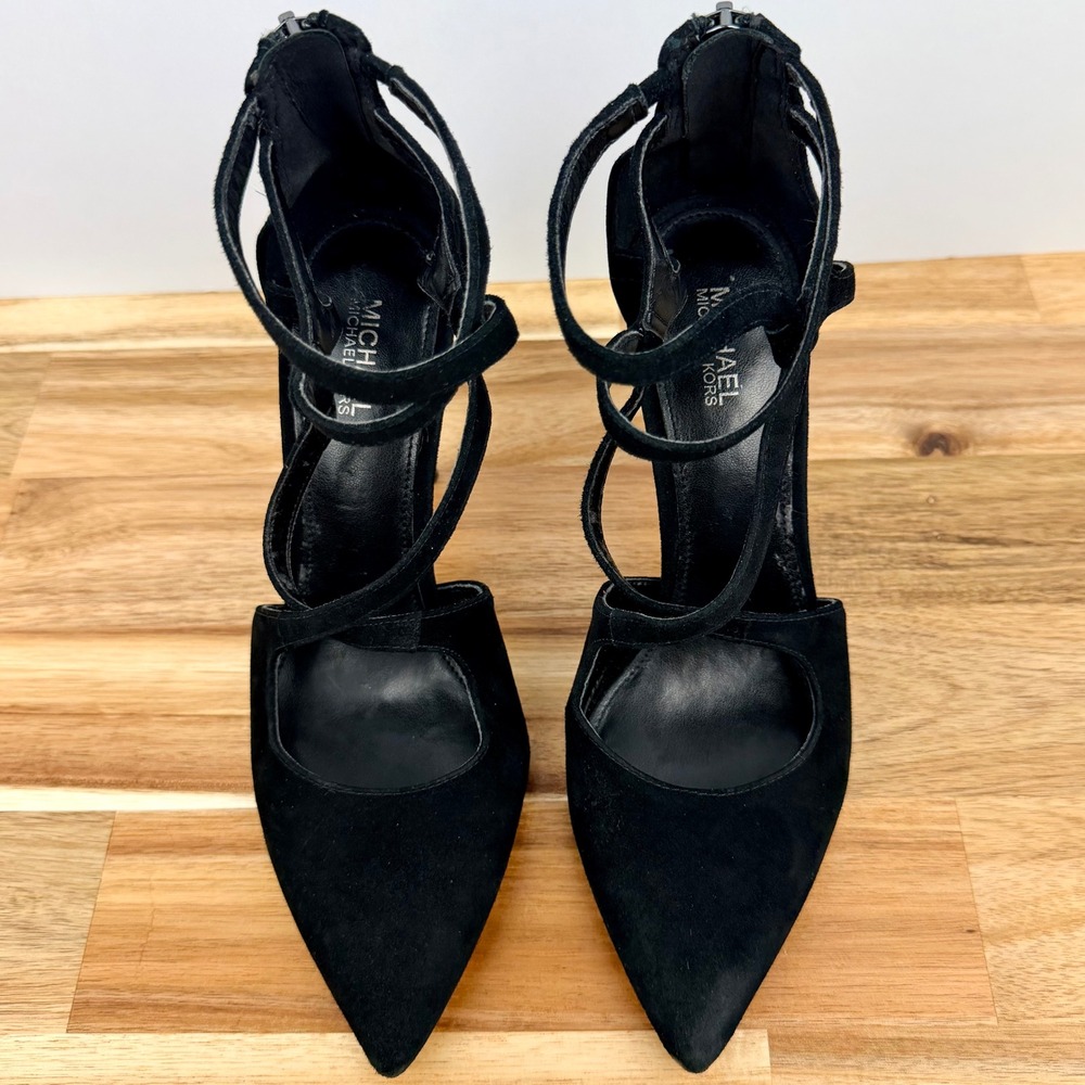 Michael Kors Black Suede Strappy Stiletto Heels Zip Ankle Strap Womens 5.5M - Picture 2 of 8